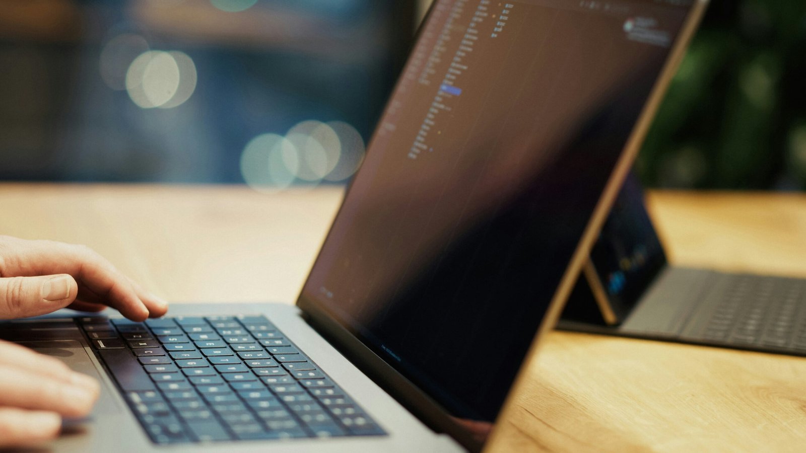 a person typing on A person typing on a laptop on a wooden table